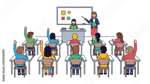 Classroom Learning Moment: A lively classroom scene unfolds as students raise their hands to answer a question, with a dedicated teacher guiding them. Capturing the essence of education and learning