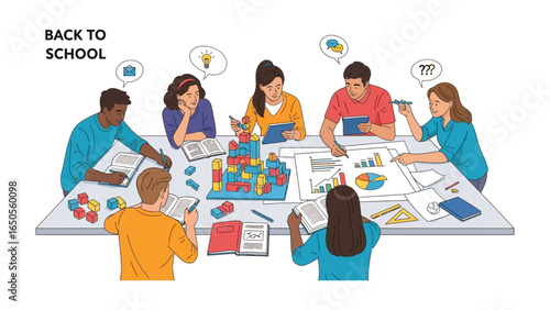Collective Learning: Illustrative scene depicting students gathering around a desk, immersed in collaborative study and animated discussion. A diverse student community at work.
