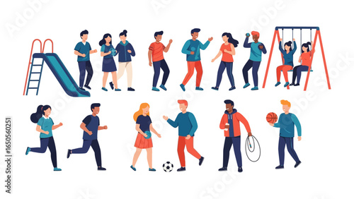 Playground activities :A vibrant illustration captures people engaged in a myriad of outdoor activities, embodying the spirit of recreation and leisurely enjoyment in a public space.