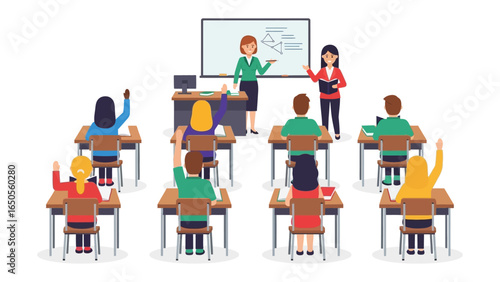 Teaching Moment: A classroom setting showcases the dynamic exchange between a teacher and students. Capturing the essence of education, with a diverse group of students and teachers.