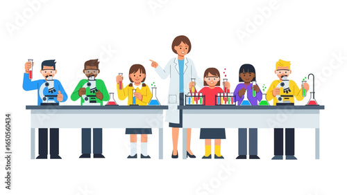 Science Lab: Students and teacher exploring in a vibrant lab with essential scientific instruments and colorful solutions, capturing a moment of focused learning and exploration.