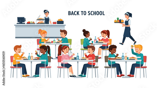 Lunchtime Gatherings: A vibrant illustration showcasing students enjoying lunch together in a lively cafeteria, highlighting the essence of a bustling school environment.