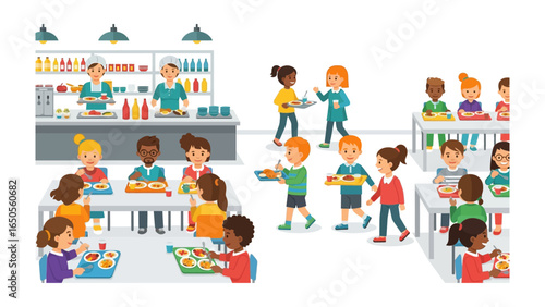 School Cafeteria: The image depicts a vibrant school cafeteria scene, where children are enjoying their meal and interacting with each other, fostering a sense of community and joy. 