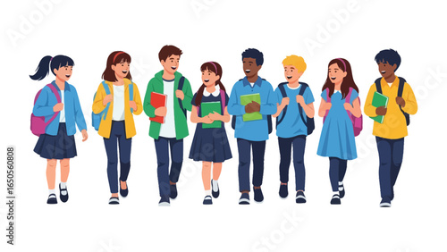 Diverse Students Heading to School: A vibrant illustration captures a diverse group of students walking toward the school, embodying education, community, and youthful energy.