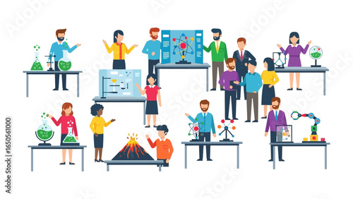 Science fair showcase: Illustrative depiction of various student presentations and demonstrations at a science fair, showcasing a variety of scientific principles and projects.
