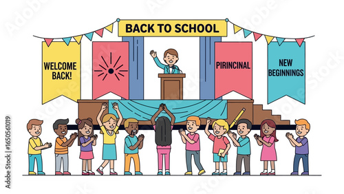 Back to School Celebration: A vibrant illustration of students and principal gathered for a Back to School celebration, symbolizing the excitement of new beginnings and education.