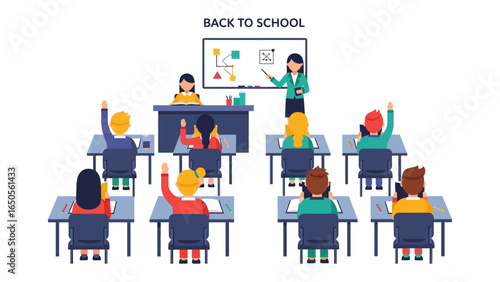 Learning in Progress: A Classroom Scene of Education and engagement as Students raise their hands and Interact with Their Teacher and The Learning Environment.
