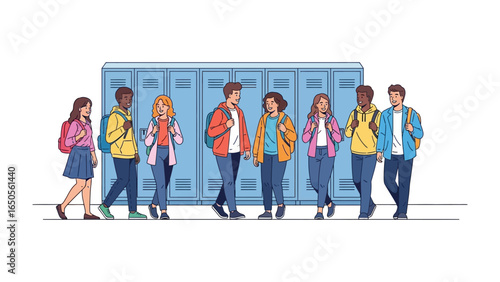 School Day's Harmony: A group of students, a blend of diverse backgrounds, stroll in the hallways, against the backdrop of sturdy lockers.