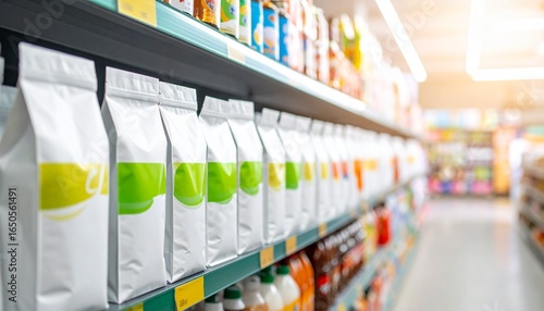Modern supermarket aisle with packaged goods on shelves ready for purchase and consumer shopping spree