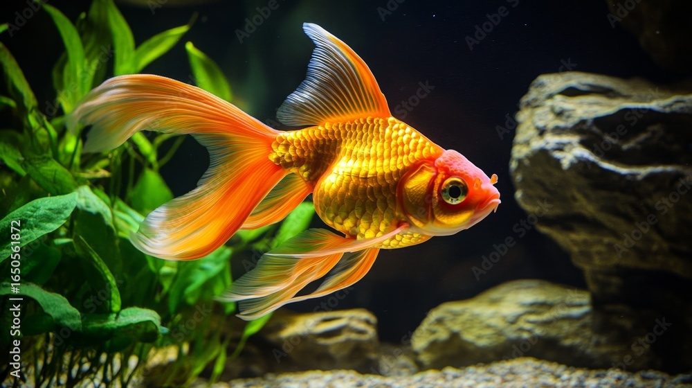 Fototapeta premium Elegant goldfish swimming gracefully in an aquarium aquatic life photography underwater serenity