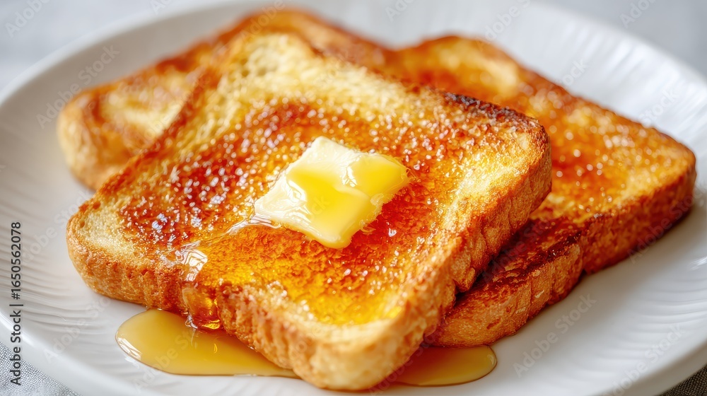 Close up of two slices of french toast with butter and syrup on a white plate in a studio shot Close up of two slices of french toast with butter and syrup on a white plate in a studio shot
