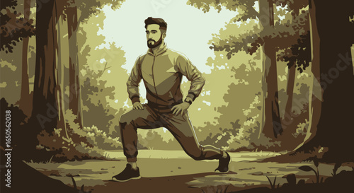 Vector illustration of a bearded man performing lunges while exercising in a forest, embodying an active and healthy outdoor lifestyle concept