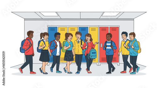 School Corridor Gathering: Students gather and chat in a school corridor, surrounded by colorful lockers. The image captures a moment of connection and anticipation in the school environment.
