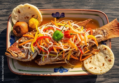 Jamaican escovitch fried fish with spicy pickled vegetables habanero peppers and johnny cakes