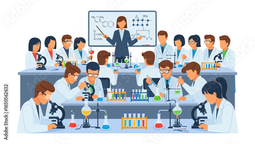 Classroom Laboratory: A group of focused scholars and instructors in lab coats attentively engaged in scientific experimentation, emphasizing education, chemistry, and technological skill