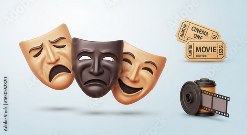 Explore theater masks movie tickets and film reel for cinema entertainment and dramatic arts illustration