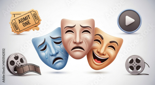 Explore theater and film with drama masks tickets and reels for entertainment and performance arts scene