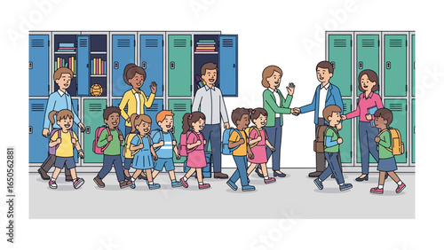 Classroom Welcoming: Capture a harmonious scene of students warmly welcomed to a classroom with teachers, backpacks, and lockers as they embark on a journey of learning, growth, and exploration.