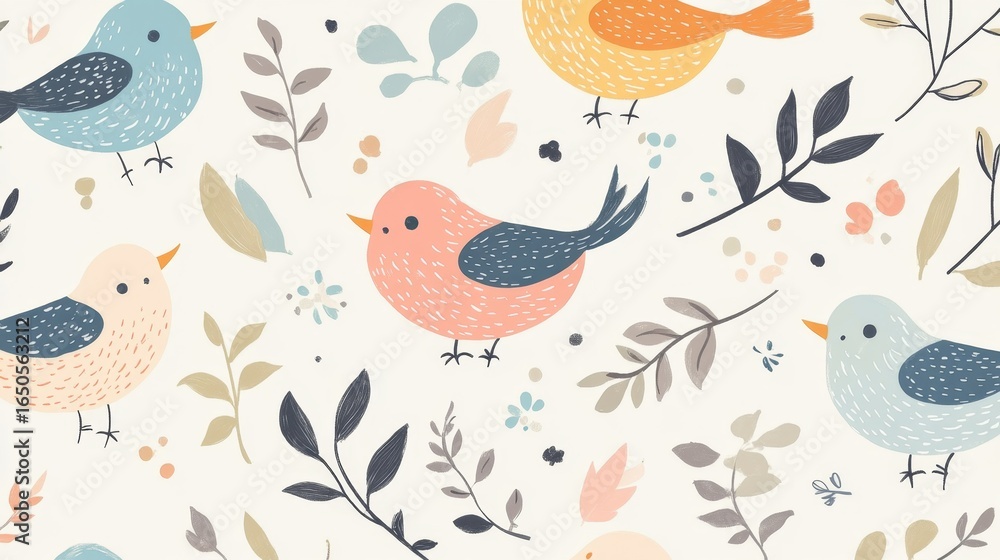 Obraz premium Playful birds dancing in a whimsical pattern nature setting seamless design cheerful environment aesthetic concept