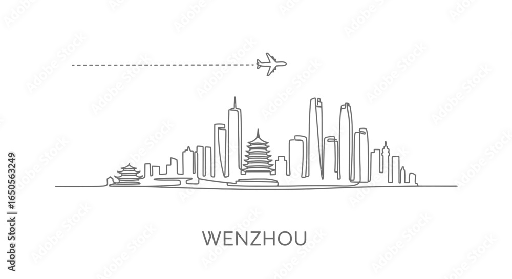 Obraz premium Wenzhou China Skyline Airplane Travel Minimal.