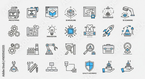 Engineering design process icons set for prototyping, 3d modeling, innovation, quality assurance and scanning