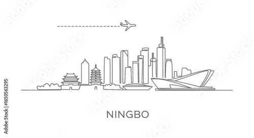 Ningbo Skyline with China, Line Art, and Minimal.