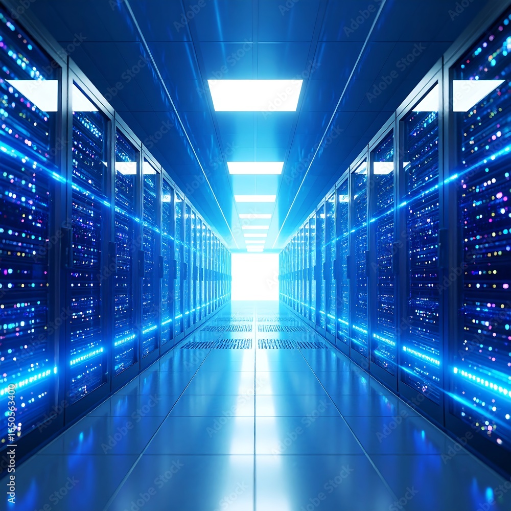 Fototapeta premium Brightly lit server room with rows of racks and glowing blue lines