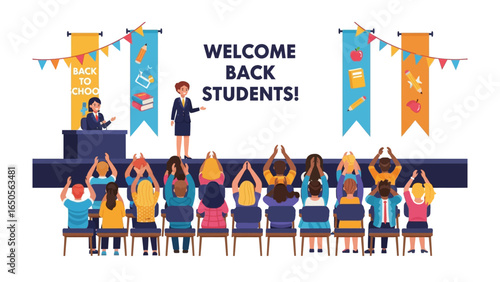 Welcome Back Students: An inviting illustration portrays students and teacher in a classroom setting. A welcoming banner with the words Welcome Back Students! greets everyone.