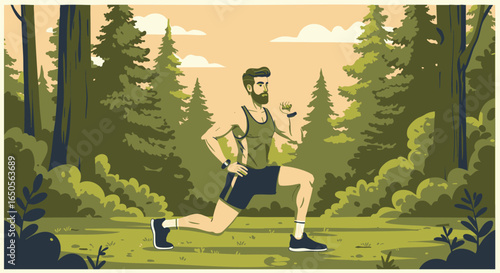 A fit bearded man in athletic gear warming up with stretching lunges before a morning run in a scenic pine forest