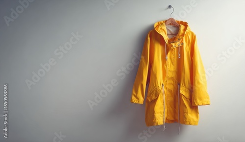Bright yellow raincoat hanging on a hook against a plain gray wall, showcasing a vibrant and functional outerwear piece for wet weather protection