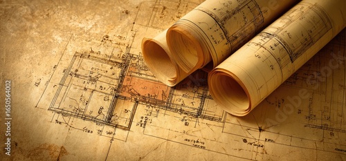 Vintage architectural blueprints rolled up on aged paper