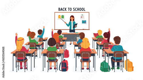 Back to School in Classroom: A vibrant classroom scene showcases a teacher and eager students, ready for a new academic year. Depicting learning, education, and the excitement of returning to school