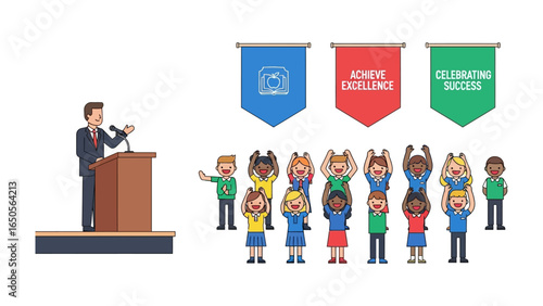 Achieving Excellence Speech: A motivational speaker stands tall at a podium, addressing an excited audience celebrating success, highlighting the importance of achieving excellence. 