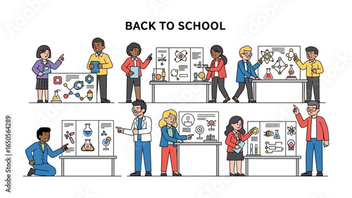 Back to School Presentation: A diverse group of educators and students presenting scientific concepts and diagrams during a vibrant back-to-school session. 