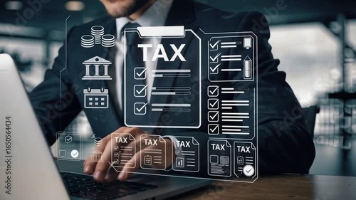 Businessman working with futuristic digital tax checklist interface, symbolizing accounting, finance, and compliance technology