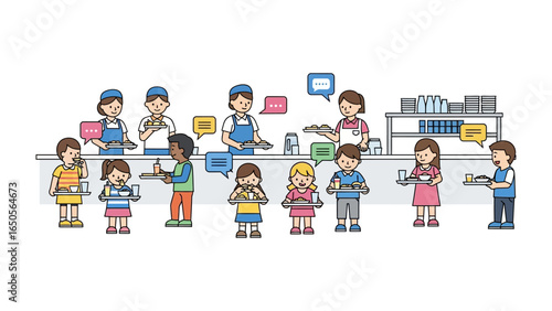 School Cafeteria: A lively illustration captures the essence of school lunchtime, with children interacting at a cafeteria counter, staff preparing and serving meals.