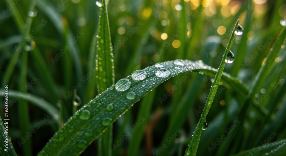 Naklejka premium Close-up of green grass blades with dew drops in morning sunlight on fresh lush grass in a natural outdoor setting with soft blurred background and sparkling dew beads on leaves