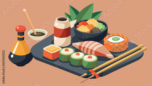 Sushi on a plate with chopsticks traditional Japanese seafood meal illustration
