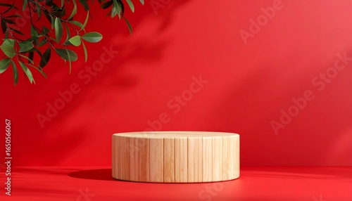 Minimalist 3D podium mockup with terracotta red background, wooden pedestal, soft leaf shadows, perfect for showcasing natural skincare or organic beauty products
