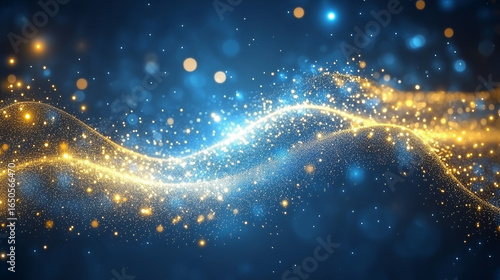 Abstract digital artwork of gold and blue particles flowing in waves against a dark background