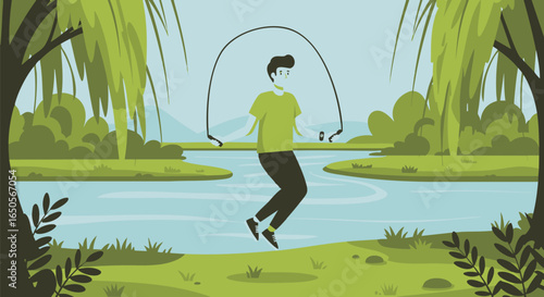 Vector illustration of an athletic man skipping rope for a cardio workout outdoors in a lush summer park landscape with trees and a river