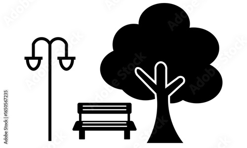 街灯とベンチと木のある公園シルエットイラスト