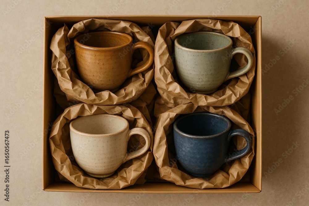 Fototapeta premium Gift box of artisan coffee cups cozy home product photography warm environment top-down view unique gifting concept