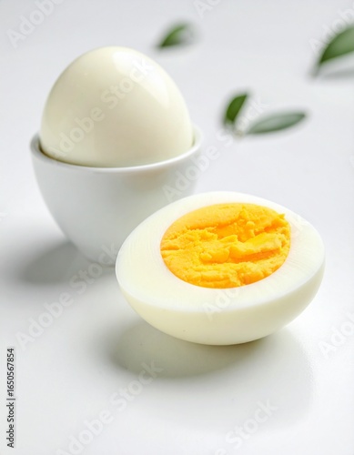 Close-up of a cracked egg, highlighting its vibrant yolk and versatile nature ideal for breakfast, cooking ingredients, or nutrition concepts. Egg in white background, sliced egg