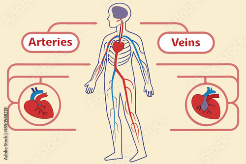Human circulatory system diagram with arteries veins and heart human body blood circulation