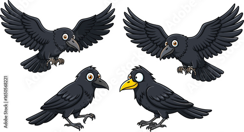 Cartoon ravens, black birds, flying and standing poses, expressive characters, yellow beak variant, vector illustration, spooky animals, Halloween clipart, bird pack