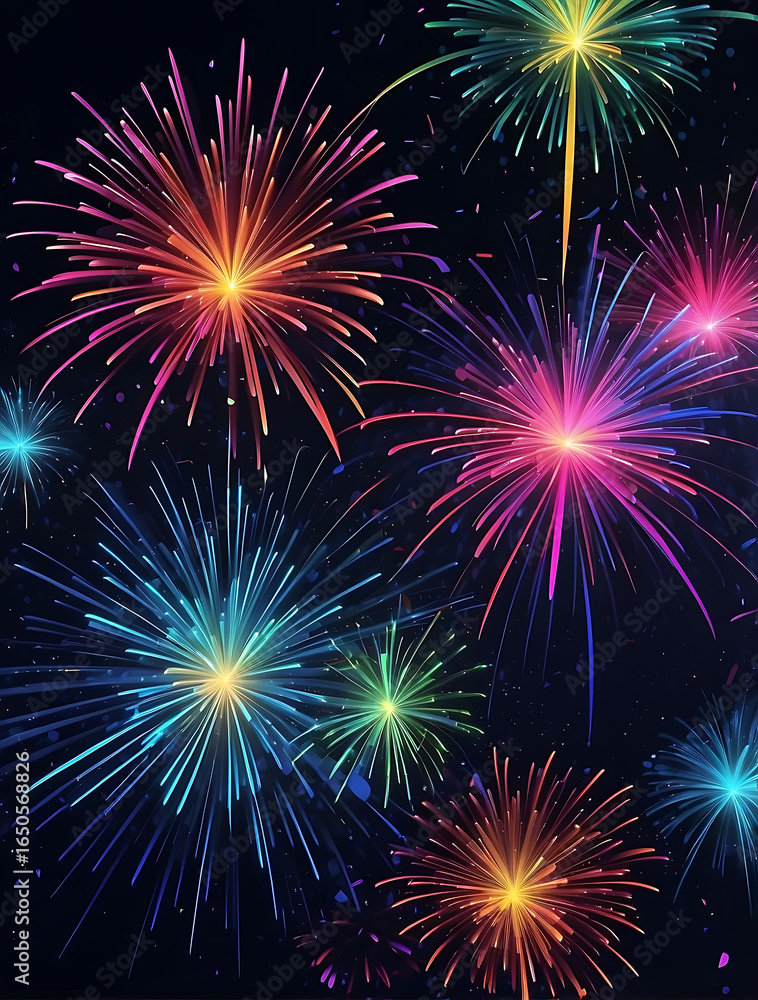 Fototapeta premium Vibrant Fireworks & Neon Lights - Abstract Night Sky, AI