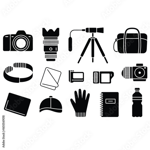 Black and white vector bundle of amateur photographer essentials including DSLR, tripod, camera bag, lens, and accessories