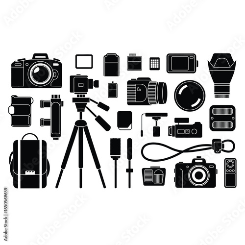 Black and white vector bundle of DSLR camera icons including lens, tripod, memory card, flash, battery, camera bag, strap, and accessories