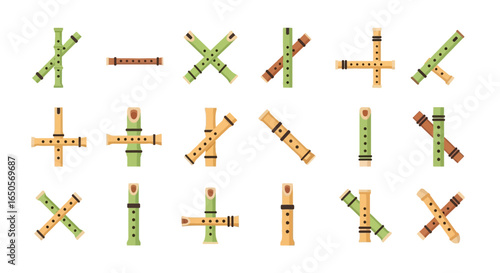 A colorful collection of illustrated bamboo flutes in various arrangements and flat design style.